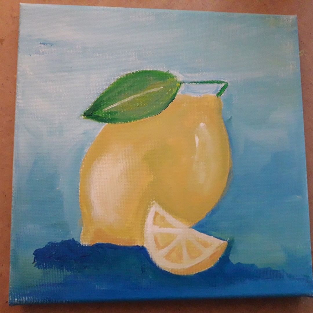Eigen werk: Gele citroen schilderen, door alleen gebruik te maken van blauw, groen, oranje en wit.
