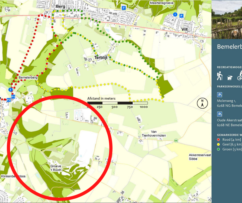 Wandelkaart van Limburg landschap waar diverse wandelingen op staan. De rode cirkel geeft globaal aan hoe wij hebben gewandeld.