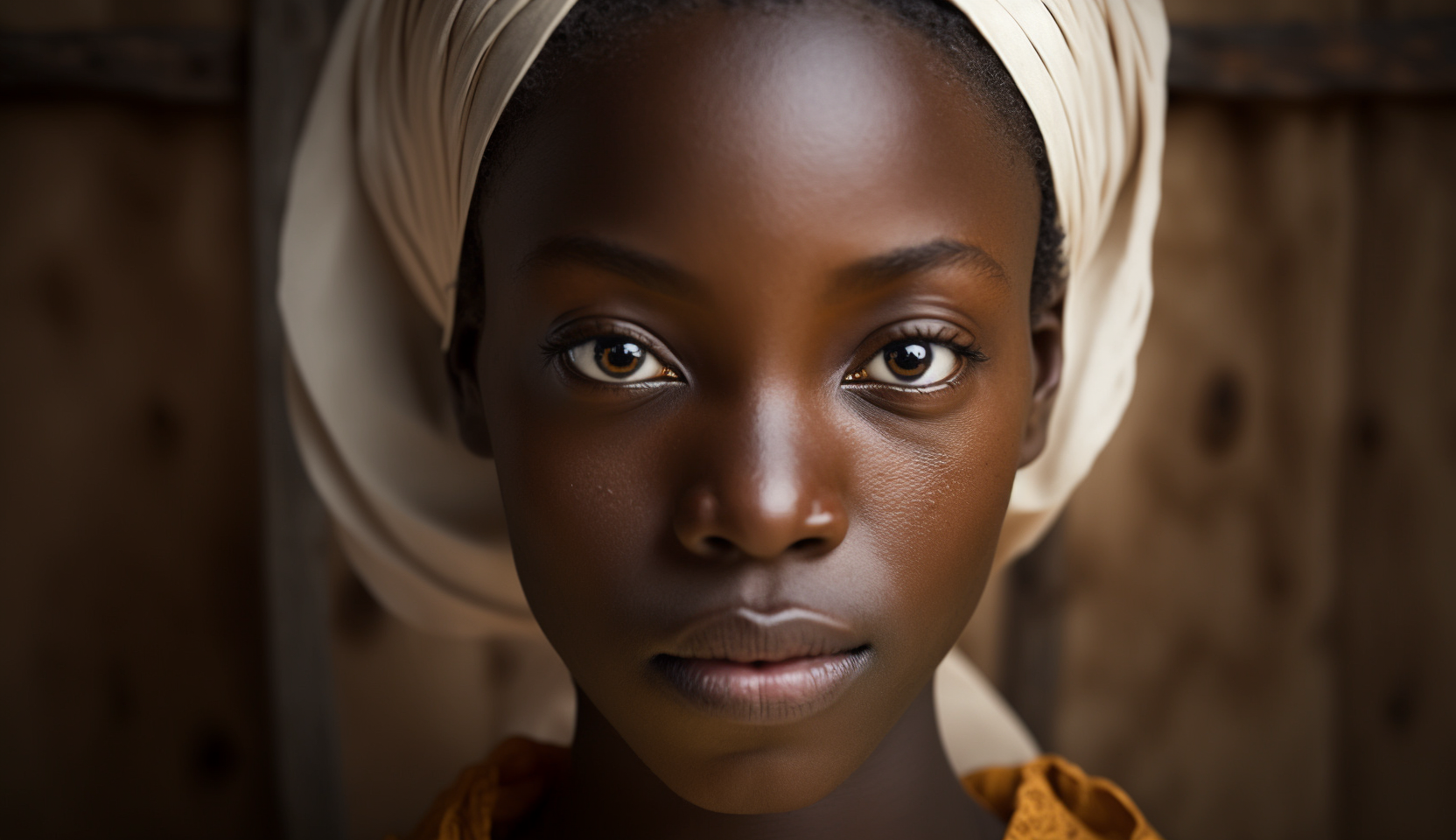 MidJourney prompt :Portrait of a young woman, photographed in the Village of Dindelfelo in Bassari Country in Senegal, clear facial features, 35 mm lens, f 1.8, cinematic, accent lighting, global illumination, --ar 16:9 -