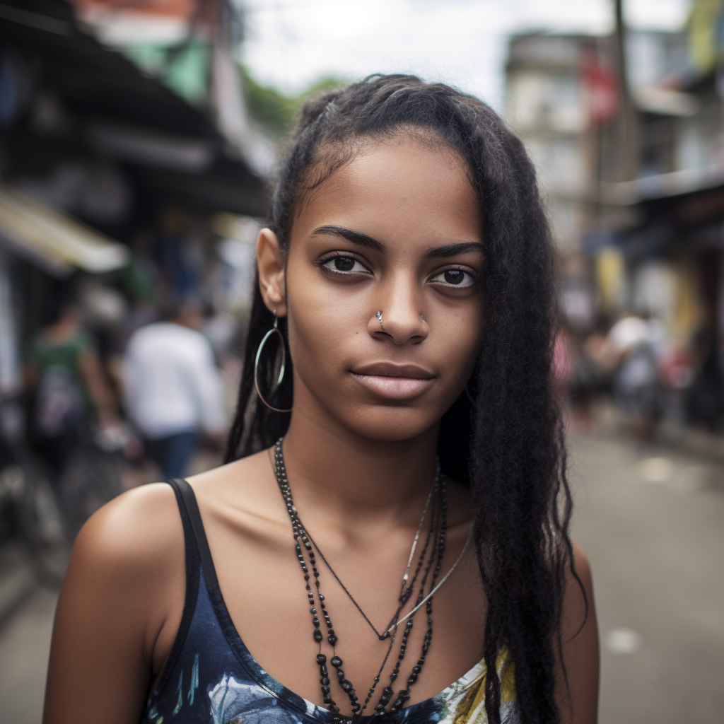 MidJourney prompt :a portrait of a beautiful young woman, shot in the Favela of Rio the Janeiro, street photography, using a Sony Alpha 1 camera with A Sony USM 50 MM , F 1:2 objective --v 5 - 