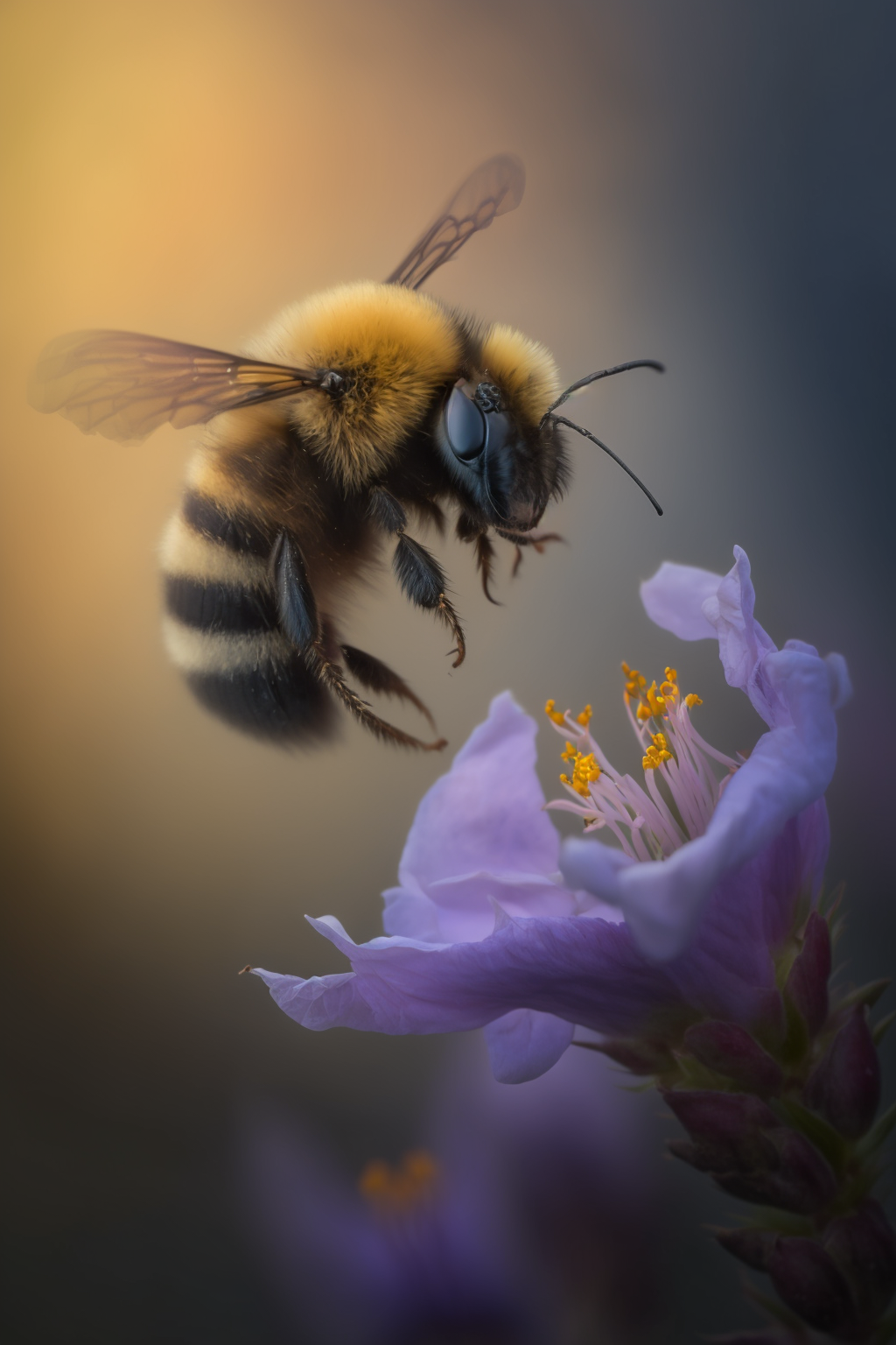 MidJourney prompt :bumblebee flying in front of flower, professional colour grading, soft shadows, no contrast, f-stop 1,2 , depth of field, focus stacking, macro photography, National geographic , --ar 2:3 