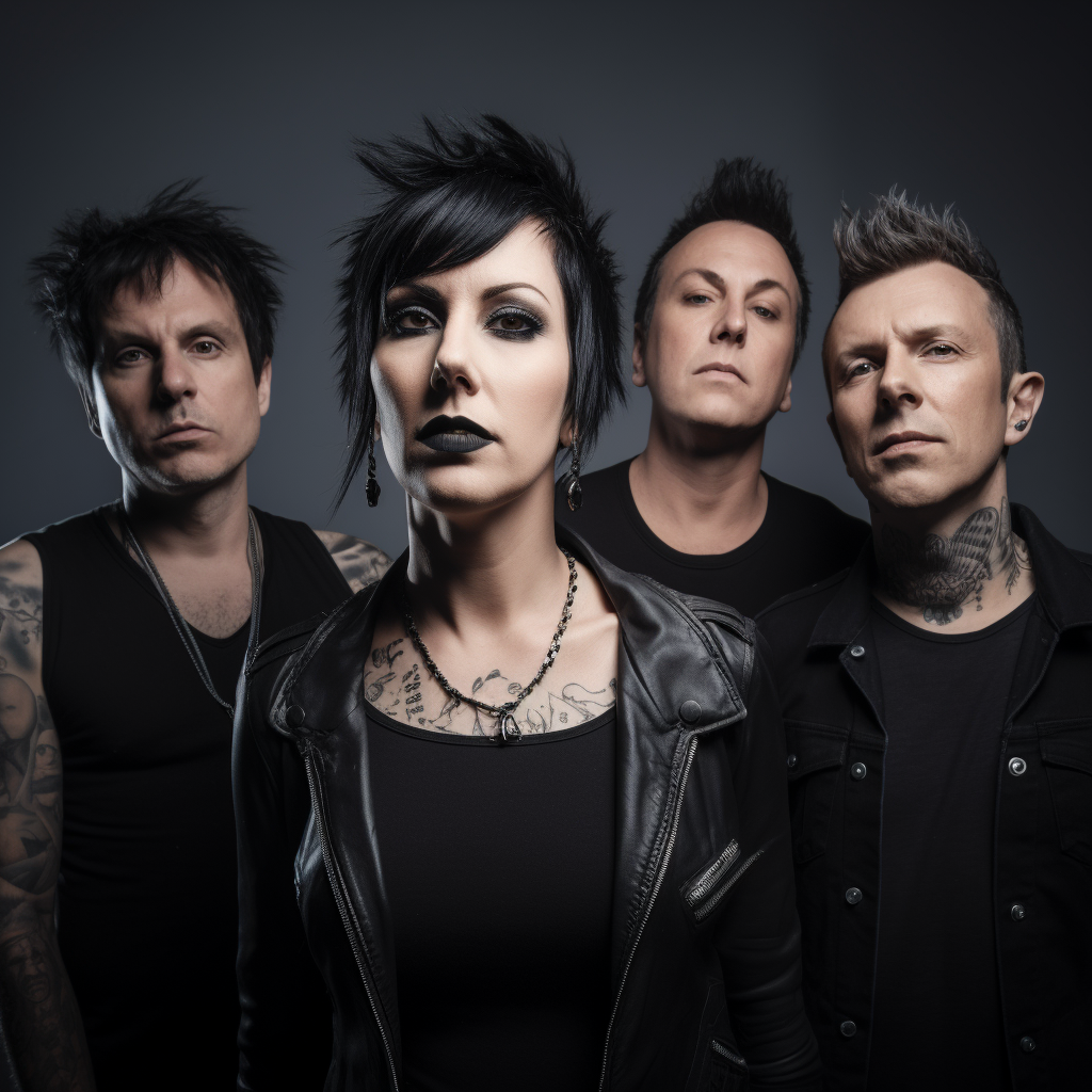 MidJourney prompt :A portrait photo of a four-person rock band with a female singer. The singer is very beautiful and has short, black hair. all members have tattoos and the cliche rock look , the camera is a Sony Alpha 1, Anton Corbijn style, hyperrealistic, shutterspeed 1/60 --v 5 - 
