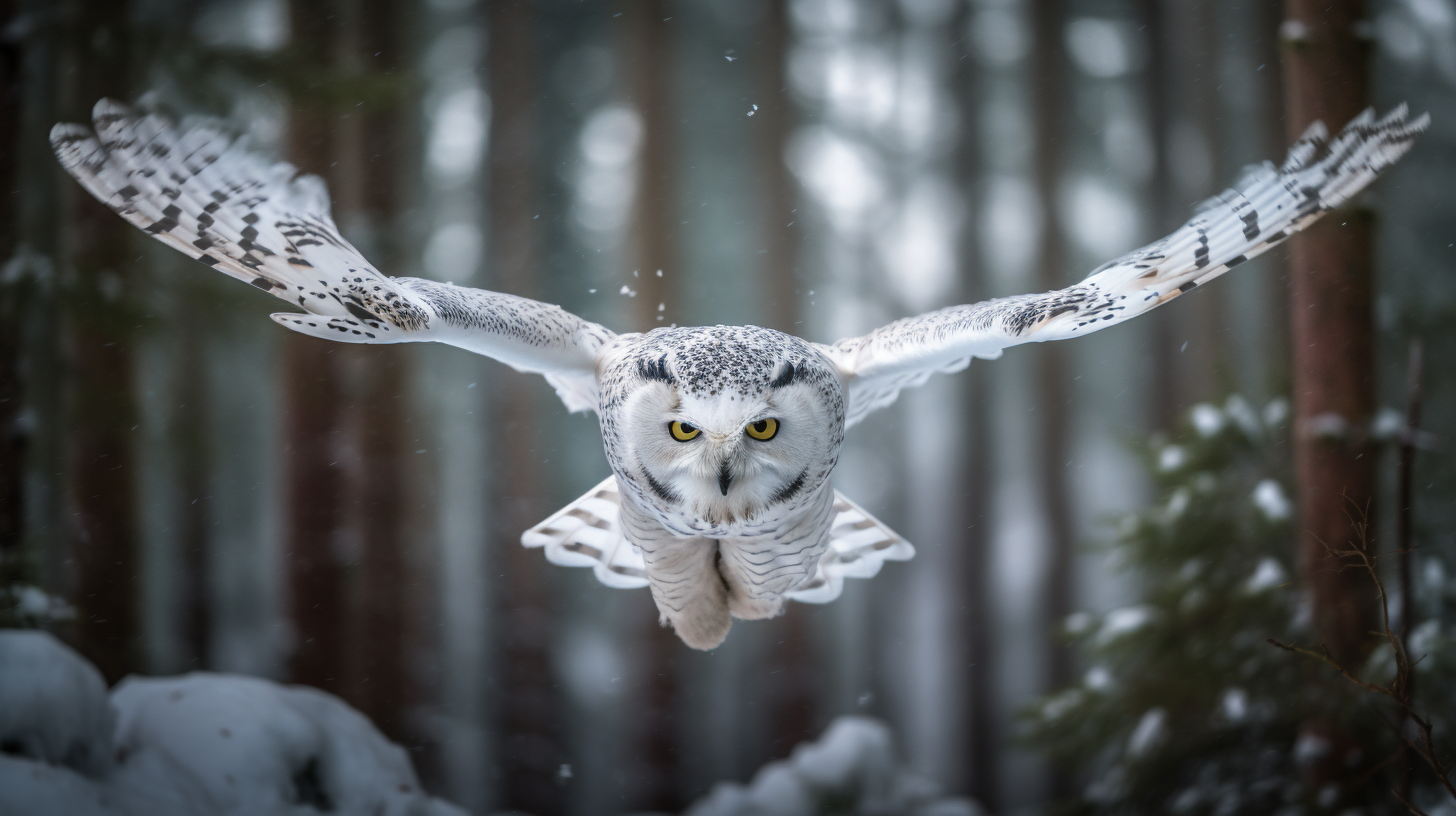 MidJourney prompt :a high-speed professional nature photography photos of a white snow owl in flight, looking straight at the camera, flying in a snowy forest in Sweden, the owl as a symbol of wisdom and spiritualism, 4K , ultra Detailed, National Geographic prize winning photo, --ar 16:9 --v 5 --s 750 --q 2